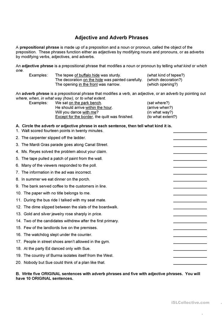 Adjective Phrase Worksheet For Grade 4