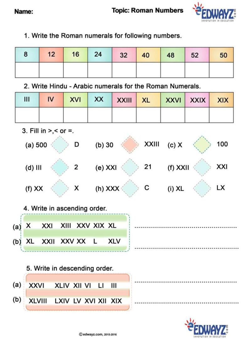 Roman Numerals Worksheet For Grade 4 Pdf