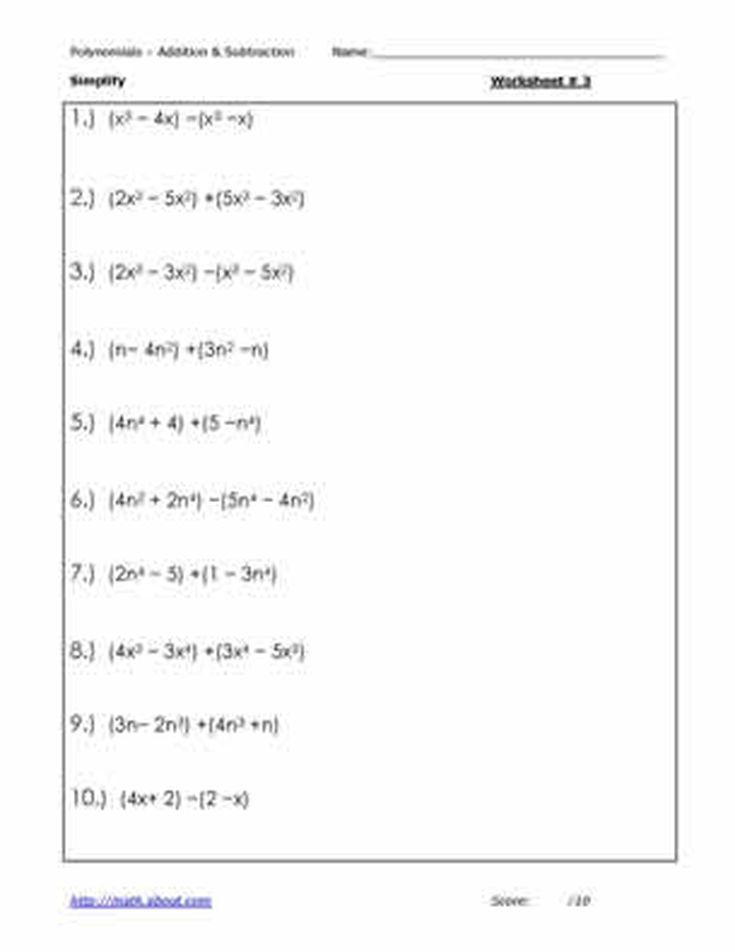 Adding And Subtracting Polynomials Worksheet Pdf