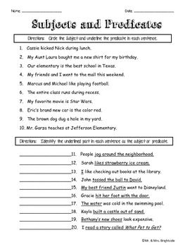 Subject And Predicate Worksheets With Answers Pdf