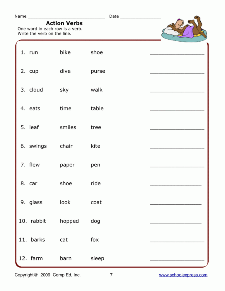 Action Verbs Worksheet Grade 3