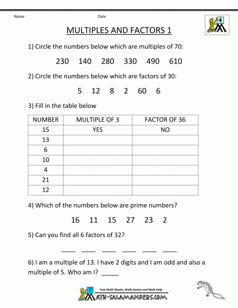 Factors And Multiples Worksheet 5th Grade