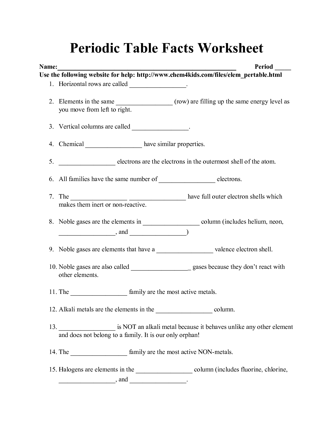 Periodic Table Worksheet Answers Chemistry