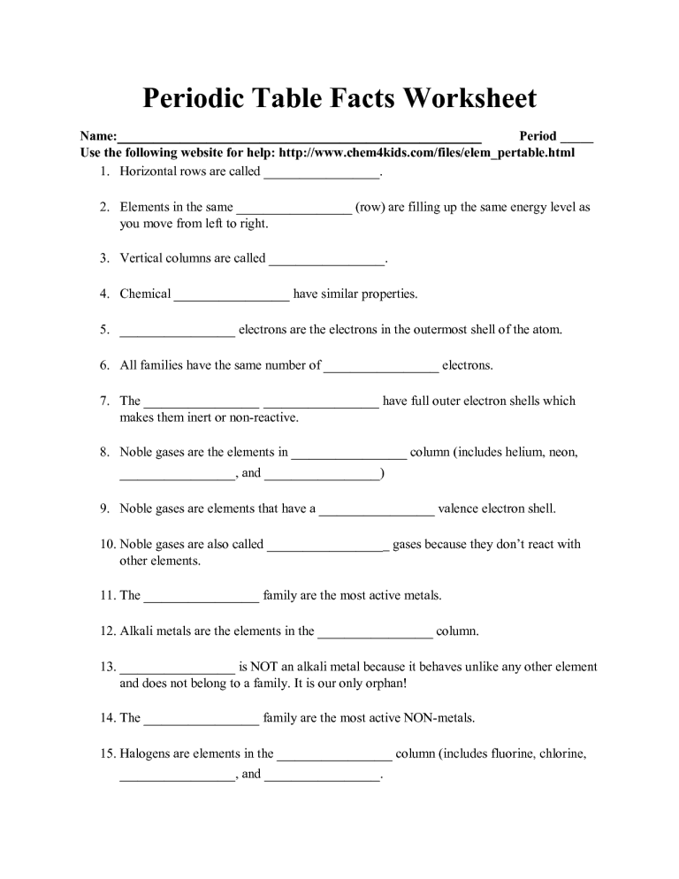 Periodic Table Facts Worksheet Answer Key