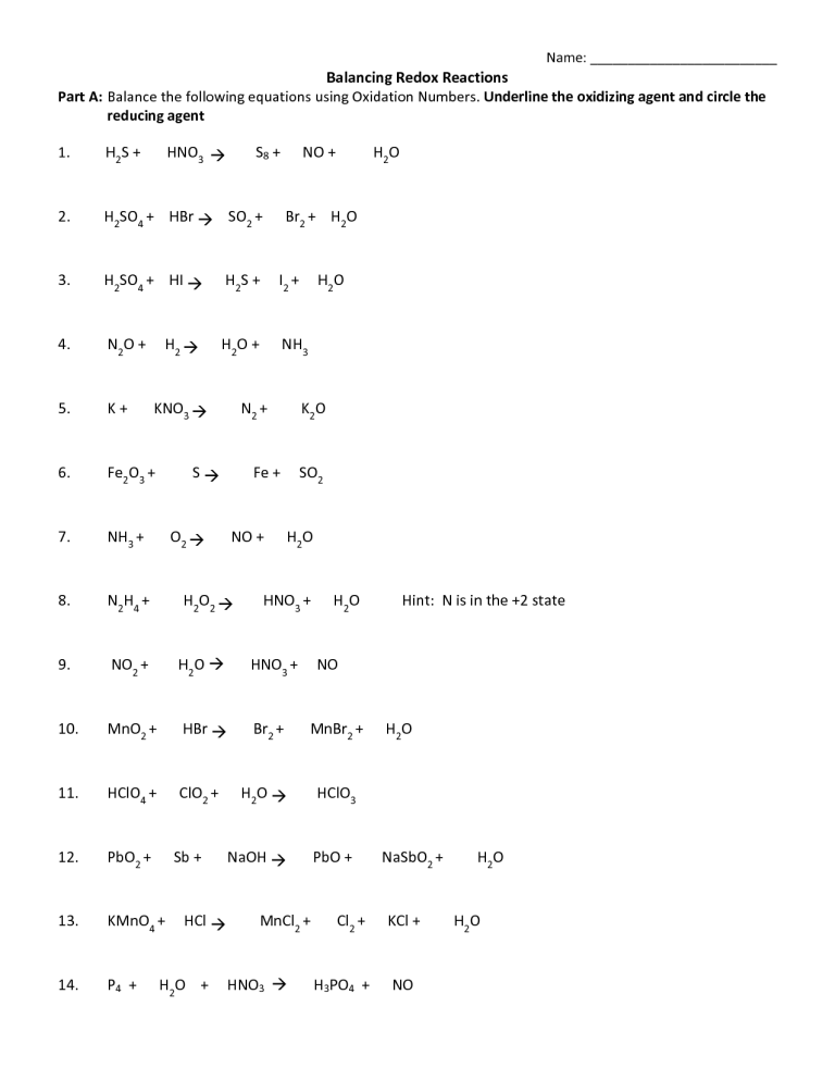 Oxidation Reduction Worksheet For Class 10