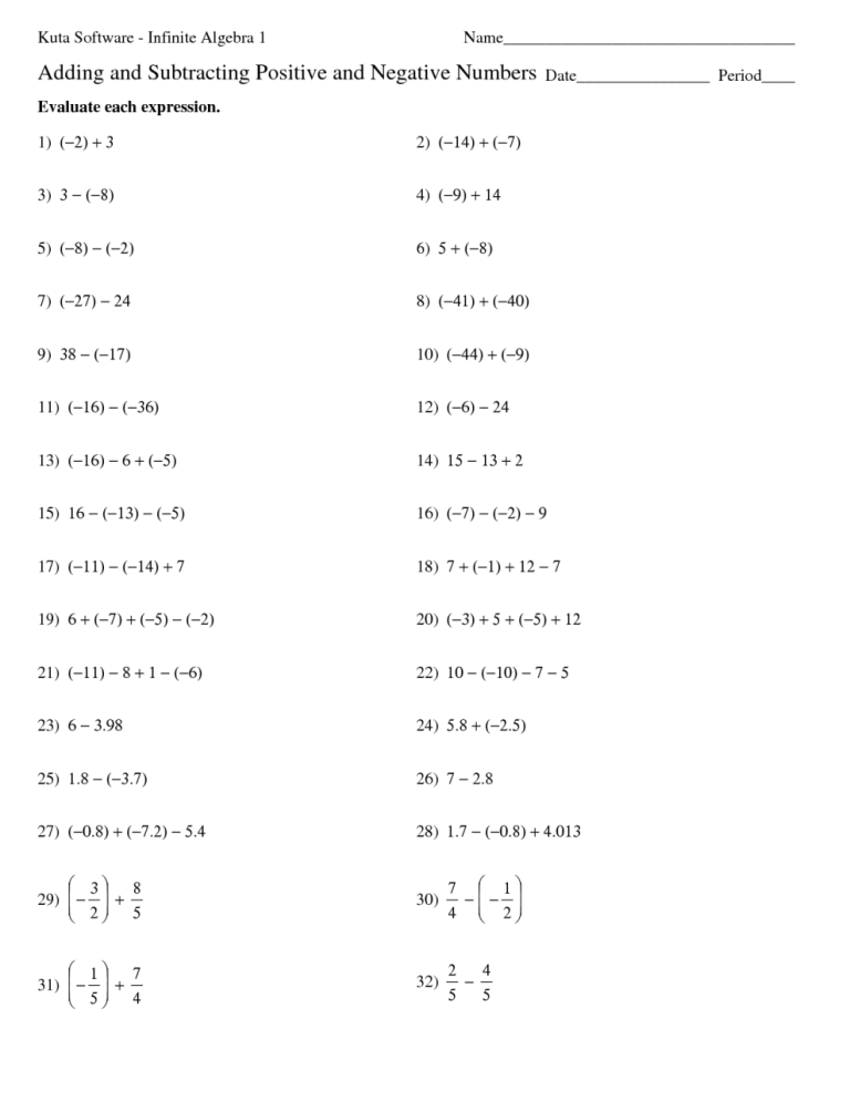 Adding And Subtracting Negative Numbers Worksheets Year 7