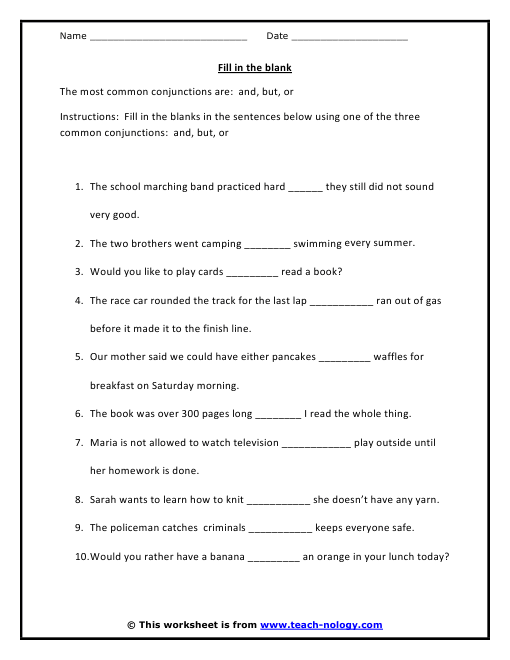 Conjunction Worksheets Grade 7