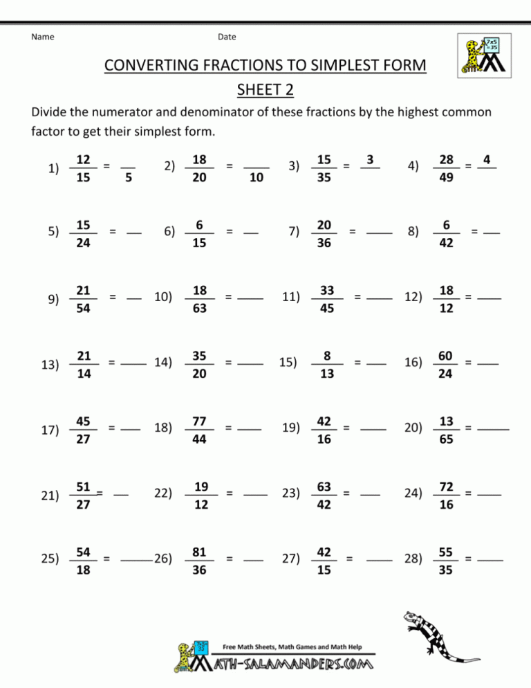 Simplifying Fractions Worksheet 4th Grade Pdf