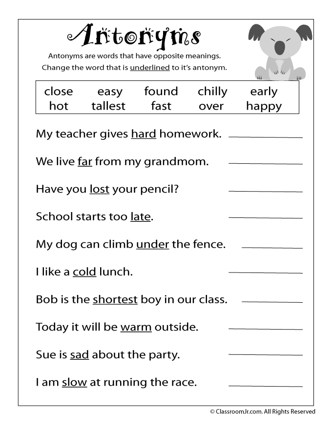 Antonyms Worksheet 4th Grade