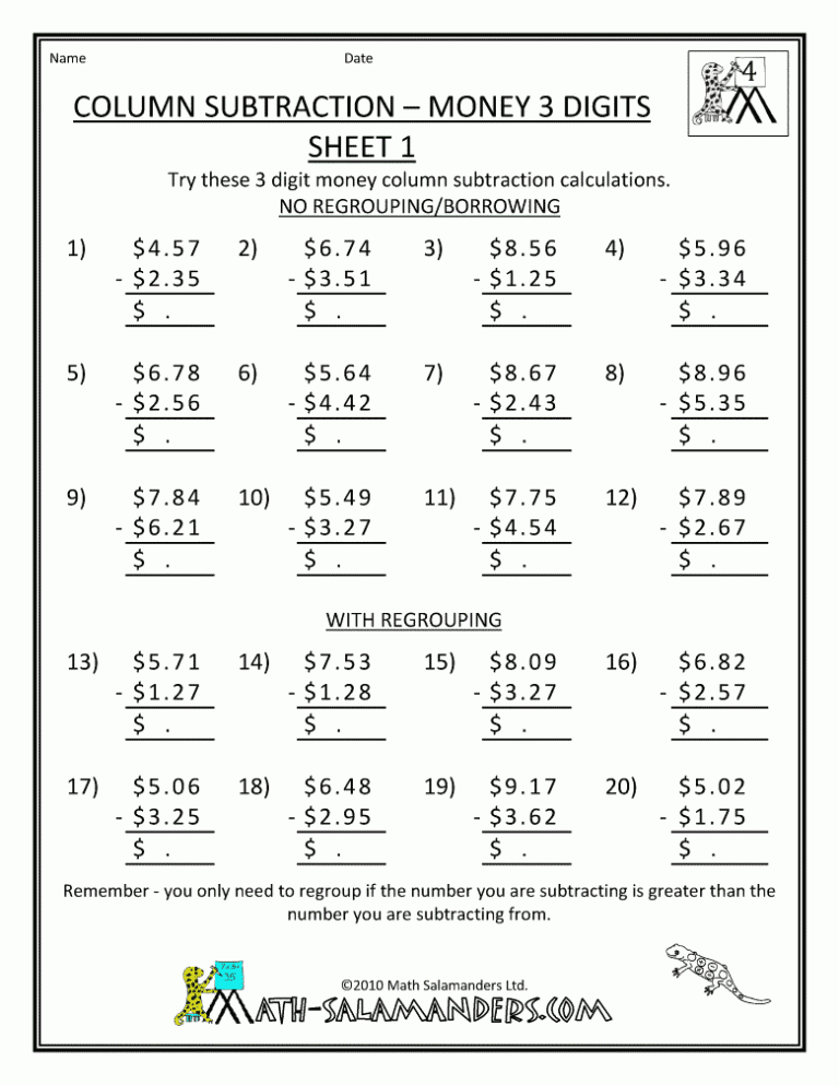 Math Worksheets Grade 3 Subtraction