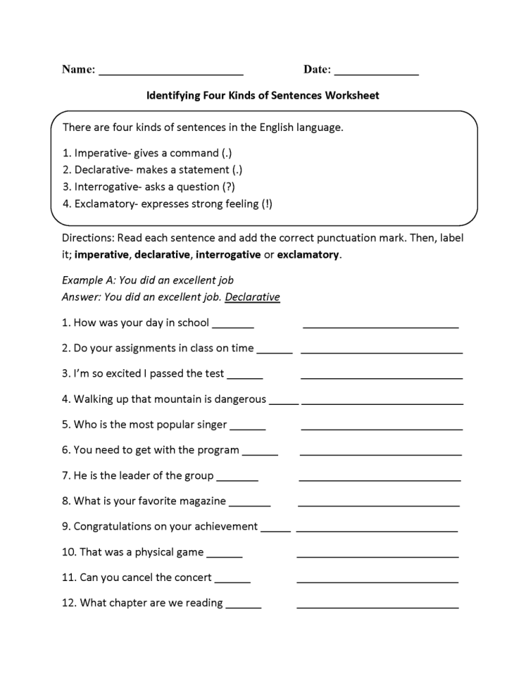 Types Of Sentences Worksheets Free