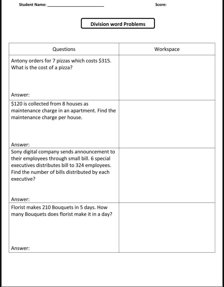 Division Word Problems Grade 4 With Answers