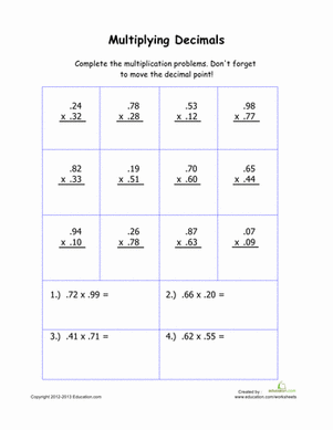 Multiplying Decimals Worksheets