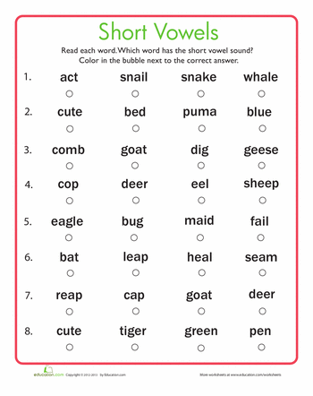 Long And Short Vowel Sounds Worksheets Grade 4