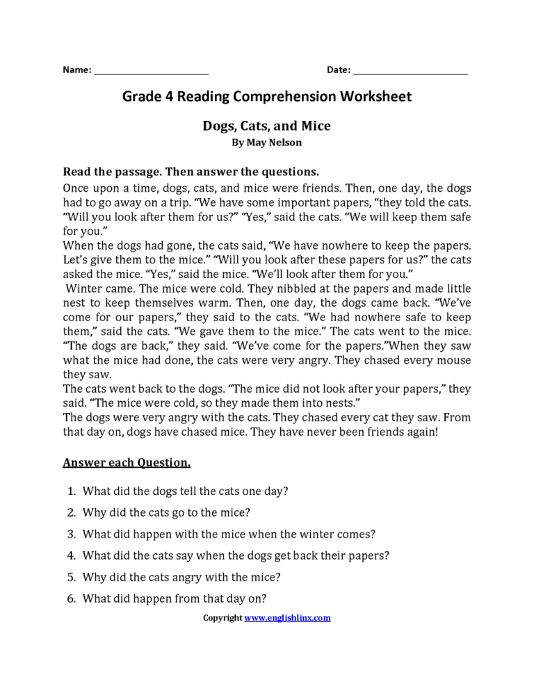 Fourth Grade 4th Grade Reading Worksheets