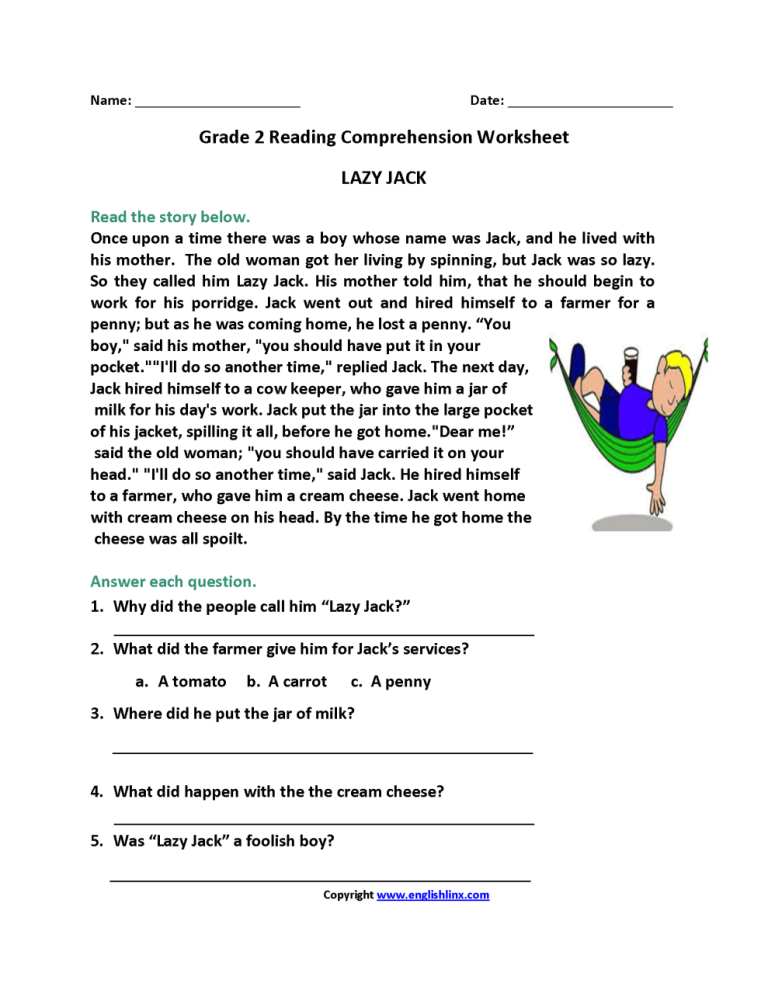 Reading Comprehension Worksheets Pdf Grade 2