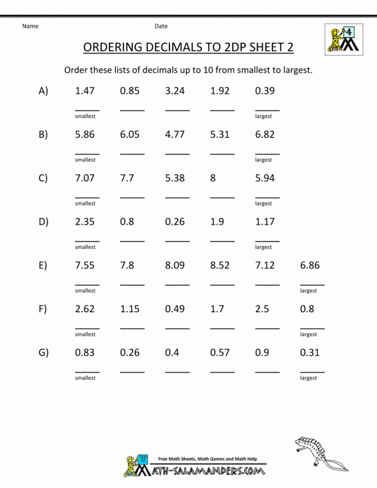 Ordering Decimals Worksheet Grade 5