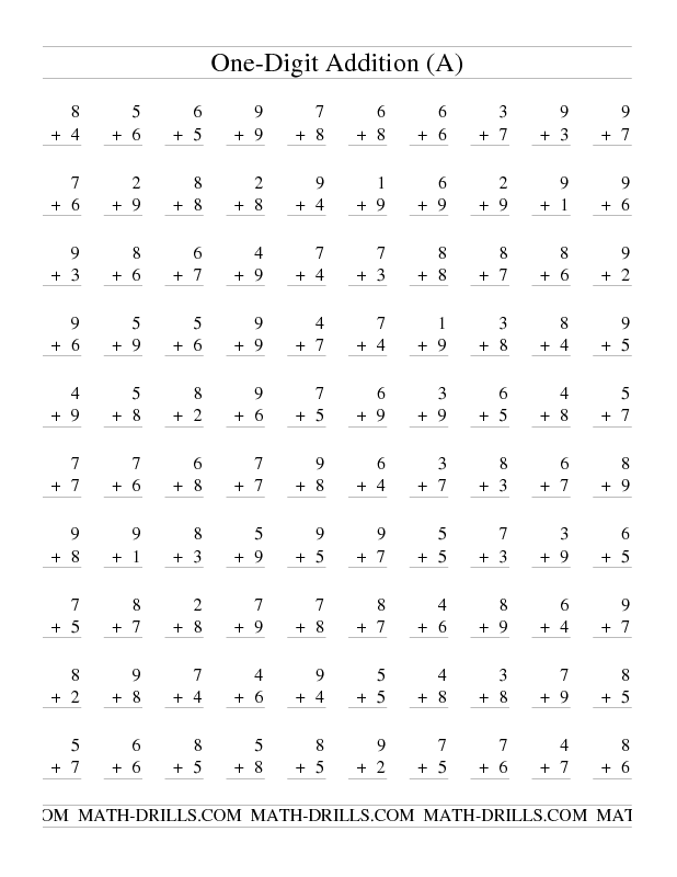 Single Digit Addition Problems