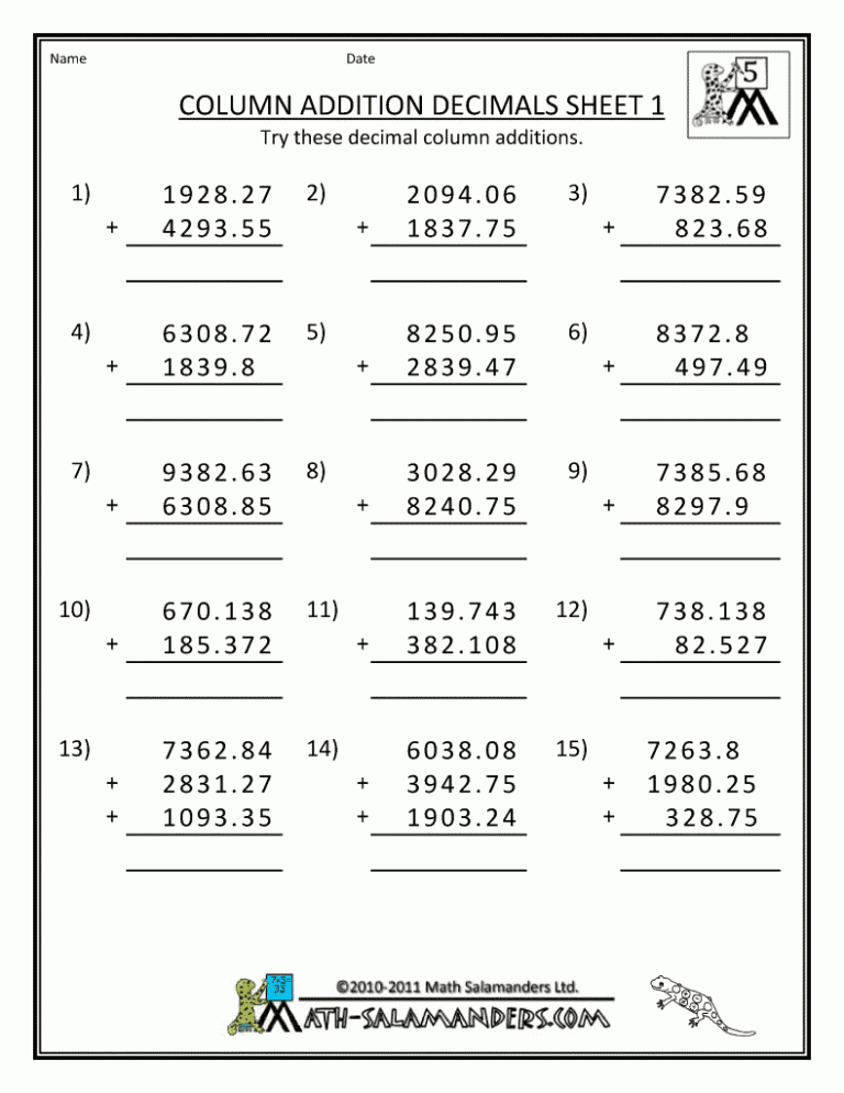 Maths Worksheet For Class 5 Addition