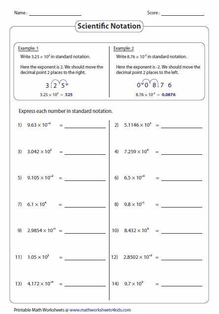 Standard Form Worksheet Answer Key