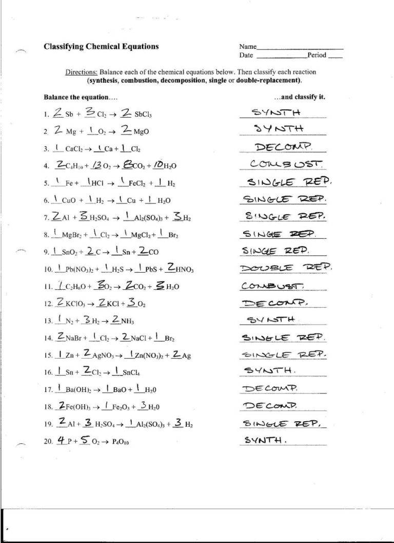 Chemistry Types Of Chemical Reactions Worksheet Answers