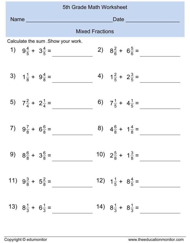 Adding And Subtracting Fractions Worksheets Grade 3