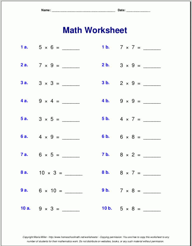 3rd Grade Mixed Times Tables Worksheets