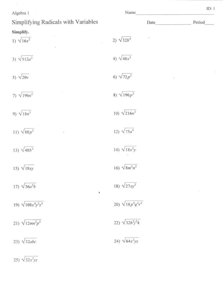 Multiplying Radicals Practice Worksheet