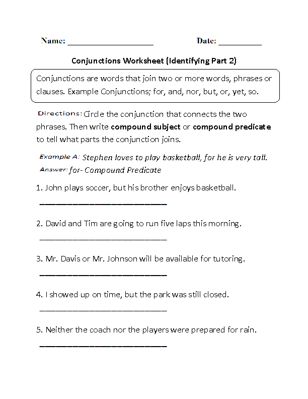 Conjunction Worksheets For Grade 2 With Answers