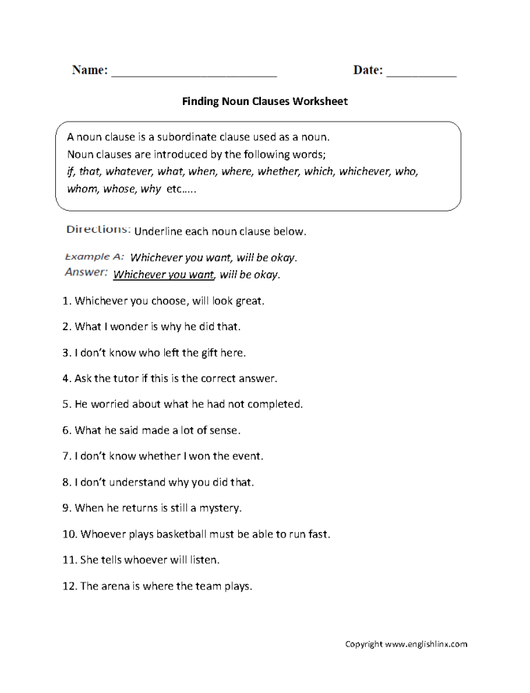 Noun Clause Worksheet Pdf