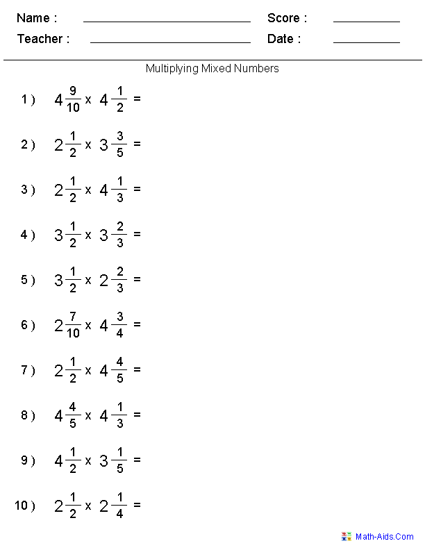 Printable Math Worksheets For Grade 6 Fractions