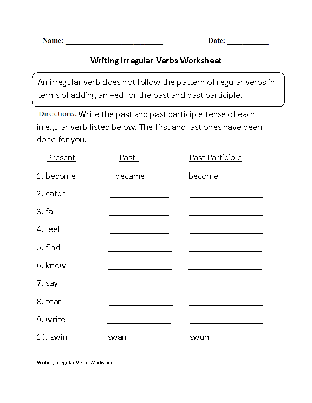 Irregular Verbs Worksheet Grade 4