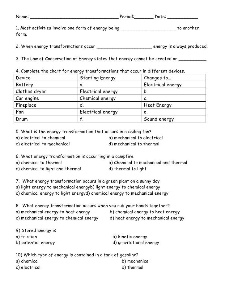 Energy Transformation Worksheet 6th Grade Answer Key