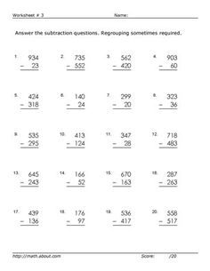 Subtraction Worksheets For Grade 3 Without Regrouping