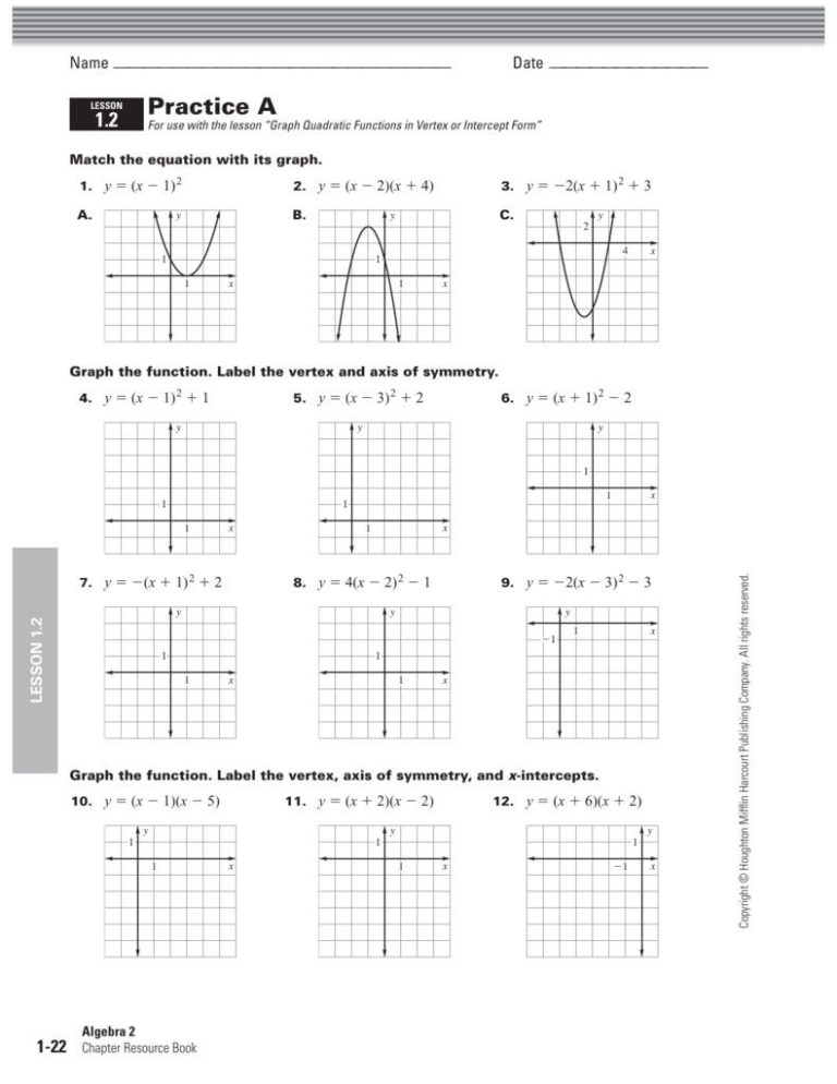 Graphing Quadratic Functions Worksheet Answers Algebra 2