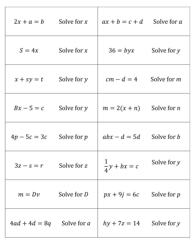 Solving Formulas For A Specific Variable Worksheet