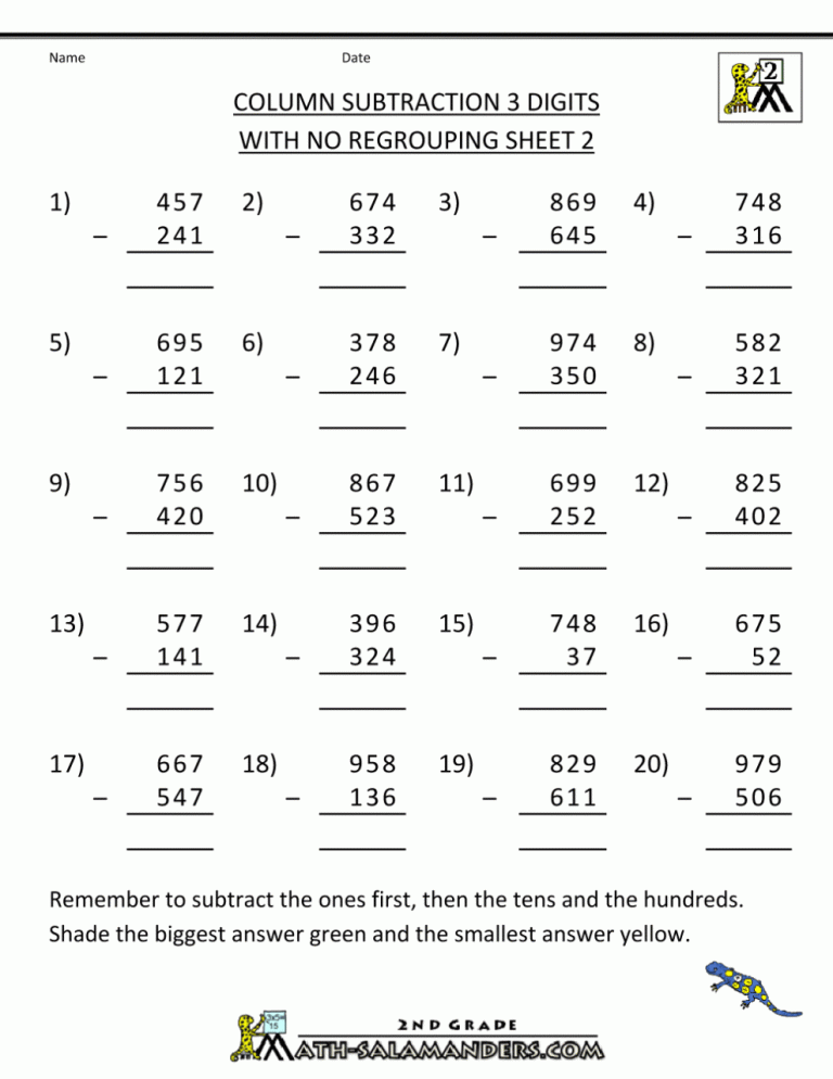 Subtraction Worksheets For Grade 3 Printable