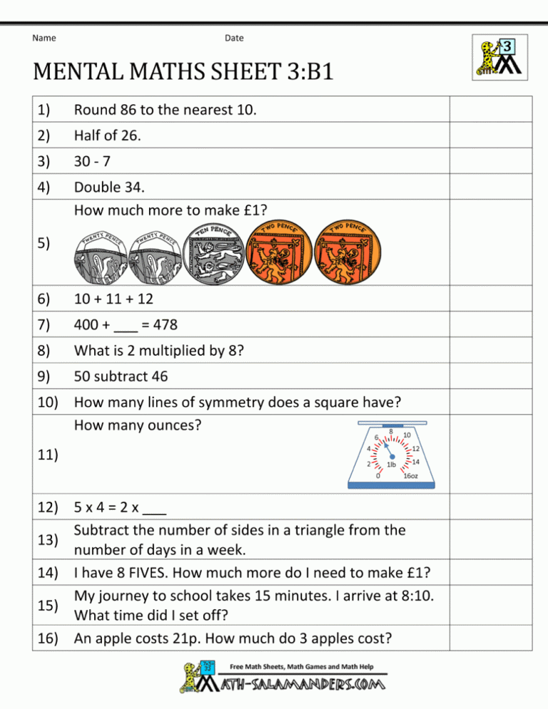 Mental Maths Year 3 Maths Worksheets Pdf