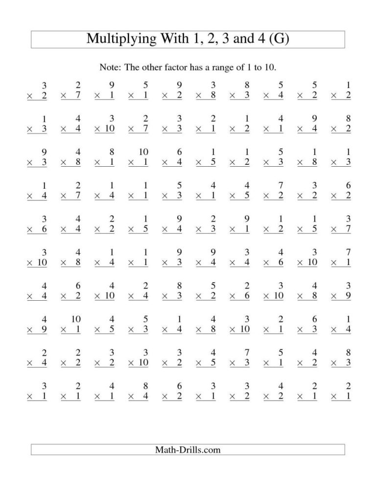 Multiplication Worksheets Grade 4 100 Problems