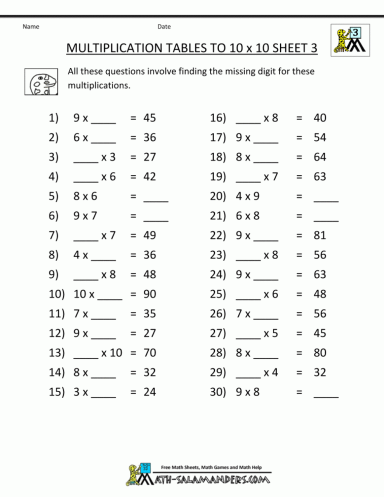 Math Salamanders Multiplication Facts