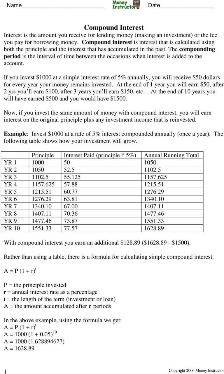 Answer Key Simple And Compound Interest Worksheet Answers