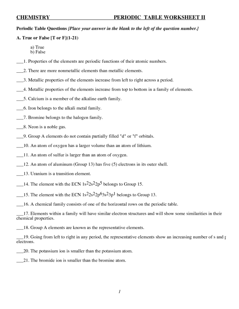 Answer Key Periodic Trends Worksheet