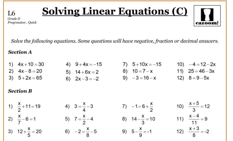 Quadratic Equation Worksheet Grade 9