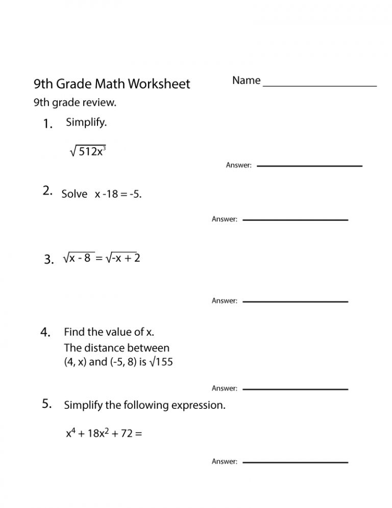 Printable 9th Grade Algebra Worksheets