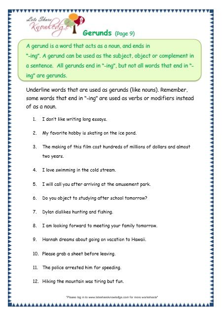 Gerund Worksheet Grade 6