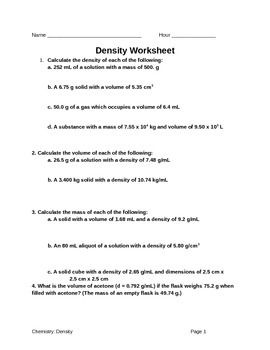 Chemistry Worksheet Density 1 Answer Key