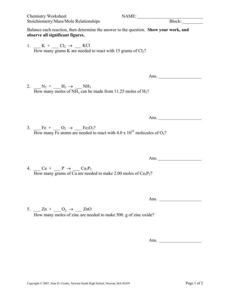 Stoichiometry Worksheet 1 Answers