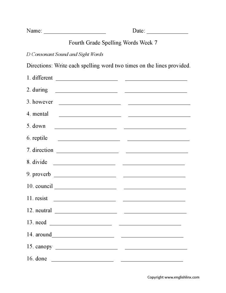 Fourth Grade Spelling Worksheets For Grade 4