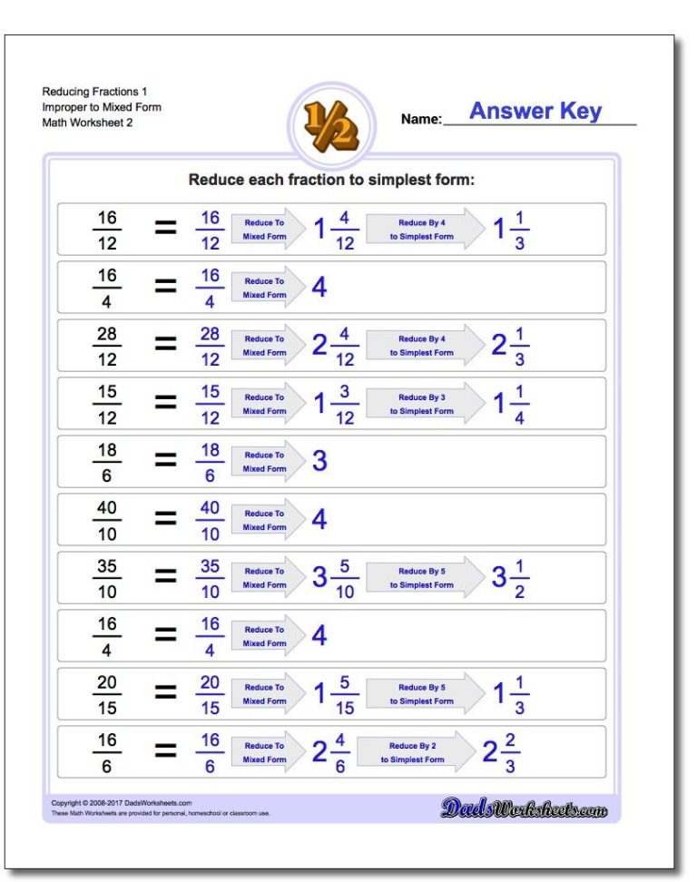 Reducing Fractions Worksheet