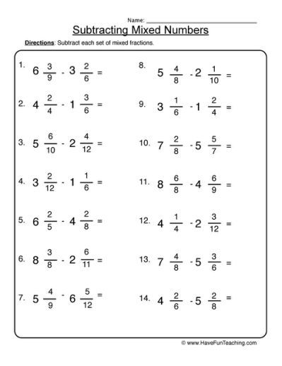 Subtracting Fractions Worksheets 6th Grade